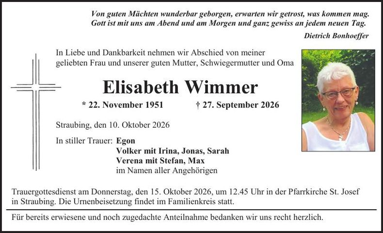 Traueranzeige Elisabeth Wimmer