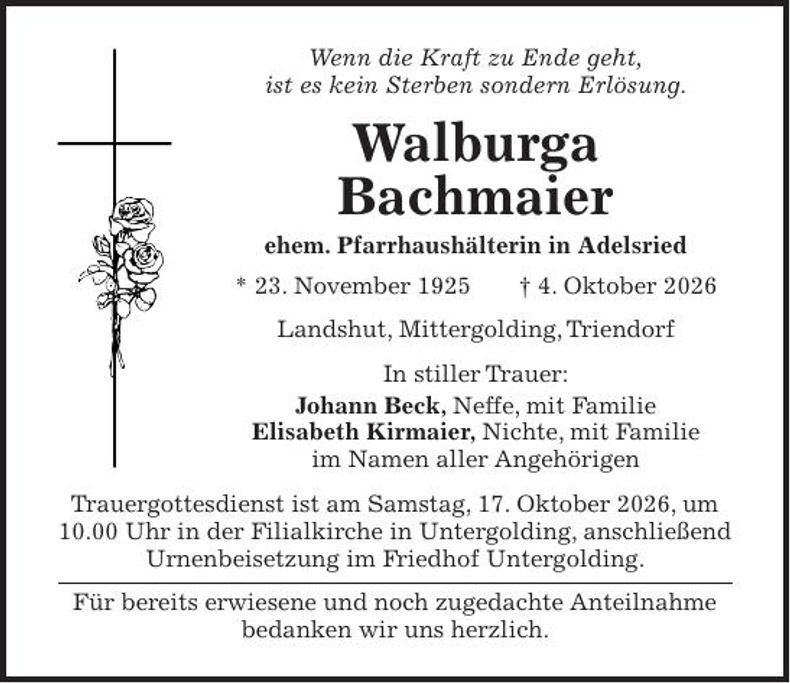 Traueranzeige Walburga  Bachmaier