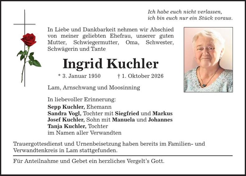 Traueranzeige Ingrid Kuchler