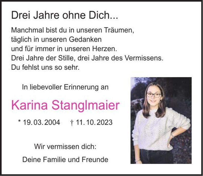 Traueranzeige Karina Stanglmaier