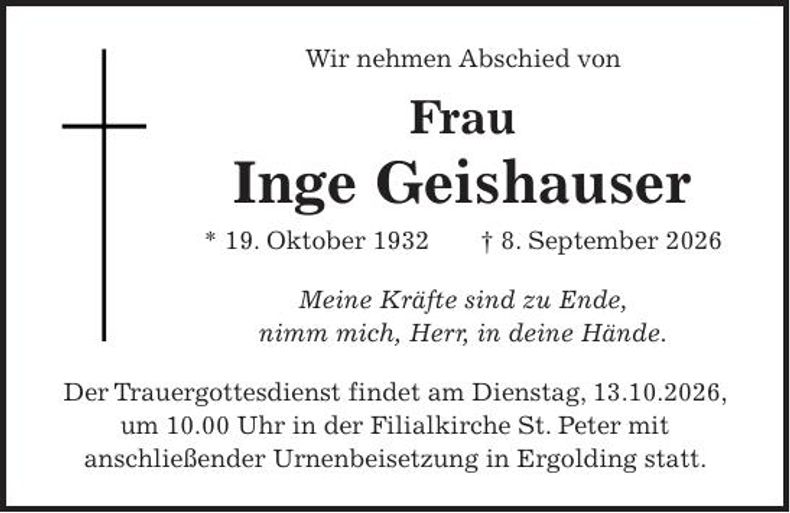 Traueranzeige Inge Geishauser