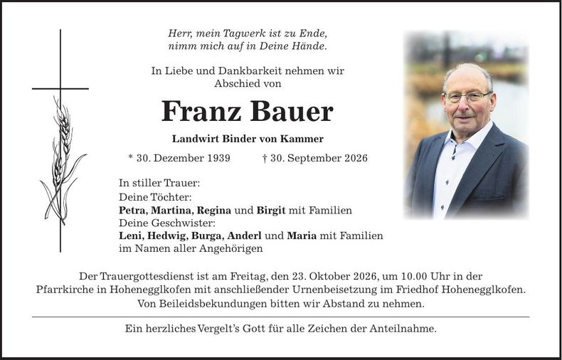 Traueranzeige Franz  Bauer
