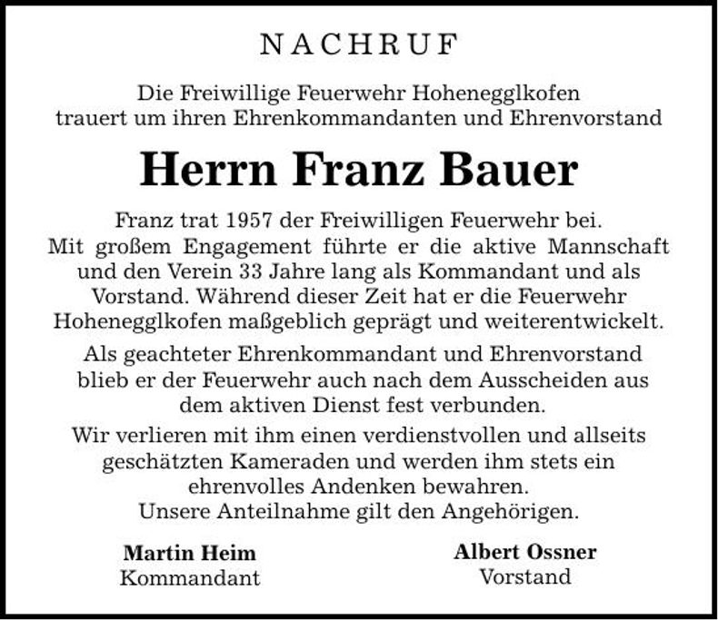 Traueranzeige Franz Bauer