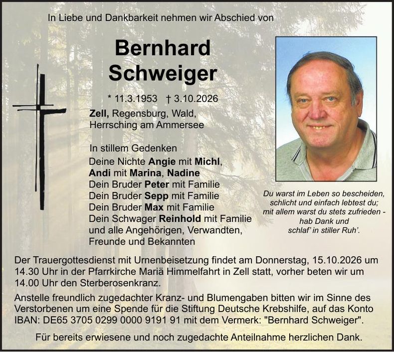 Traueranzeige Bernhard Schweiger
