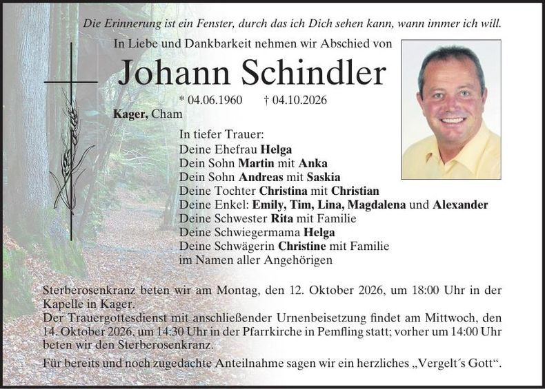 Traueranzeige Johann Schindler