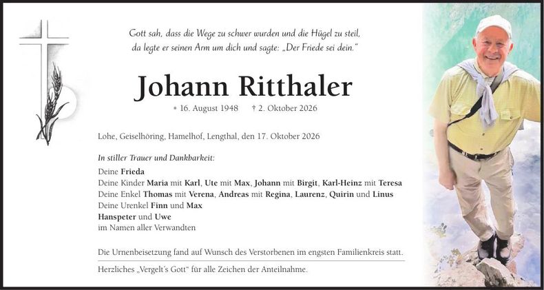 Traueranzeige Johann Ritthaler