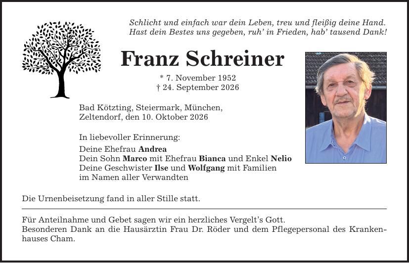 Traueranzeige Franz Schreiner