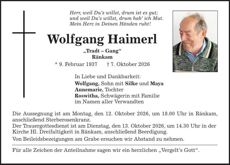 Traueranzeige Wolfgang Haimerl
