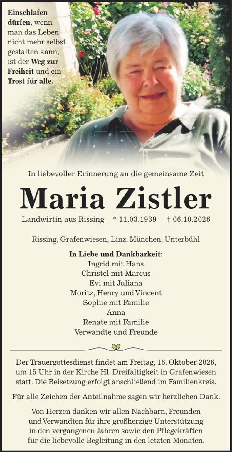 Traueranzeige Maria Zistler