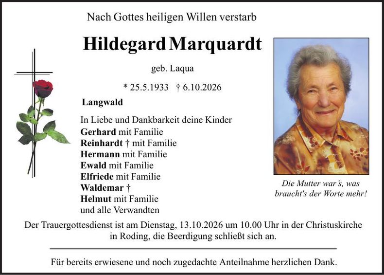 Traueranzeige Hildegard Marquardt