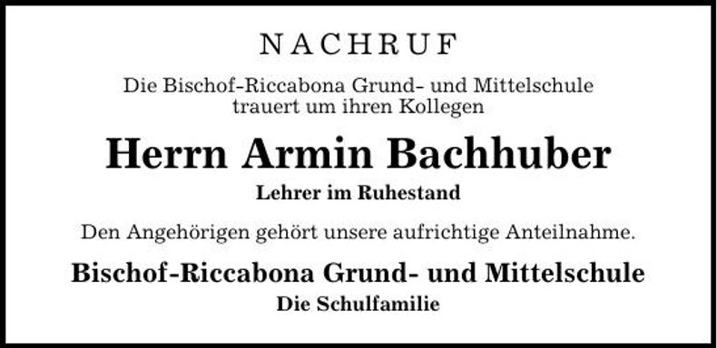 Traueranzeige Armin  Bachhuber