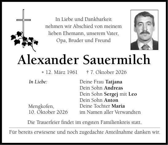 Traueranzeige Alexander Sauermilch