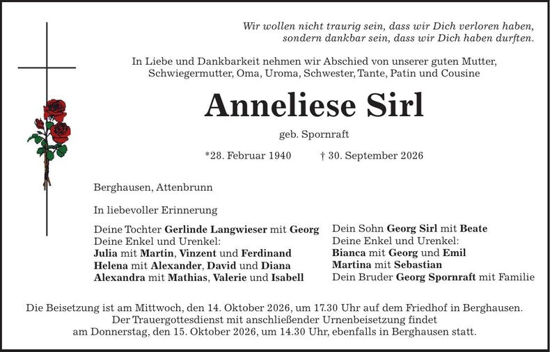 Traueranzeige Anneliese Sirl