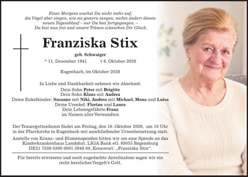 Traueranzeige Franziska  Stix