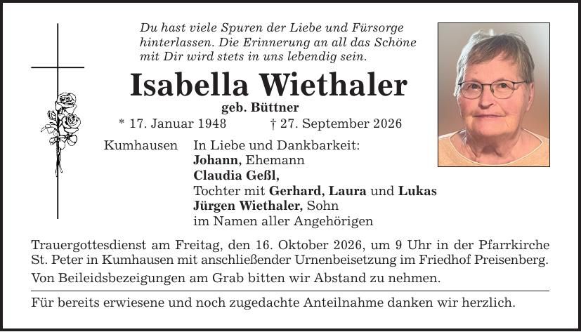 Traueranzeige Isabella Wiethaler