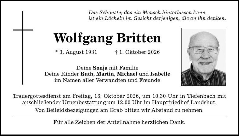Traueranzeige Wolfgang  Britten