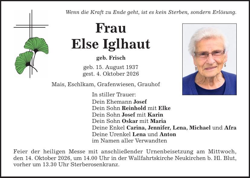 Traueranzeige Elsa Iglhaut
