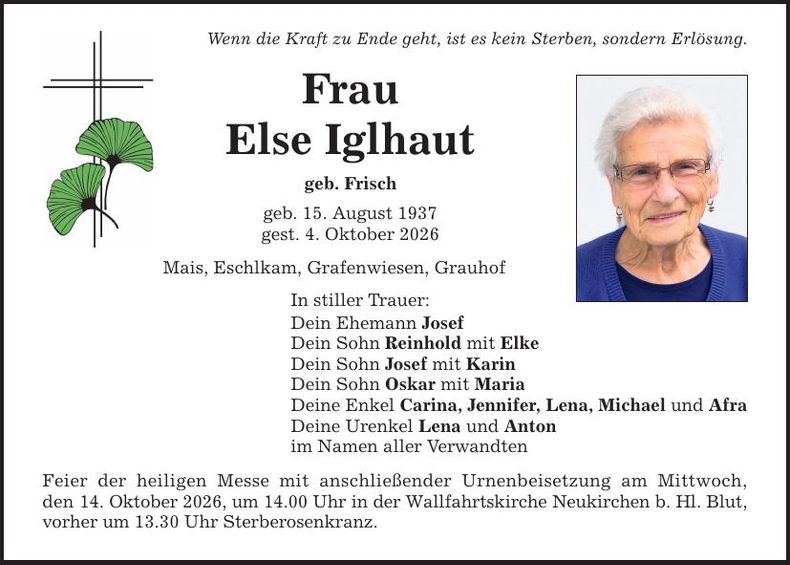 Traueranzeige Elsa Iglhaut 