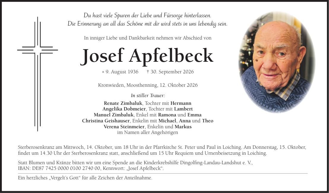 Traueranzeige Josef Apfelbeck