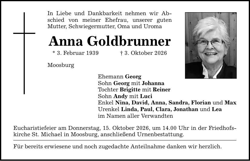 Traueranzeige Anna Goldbrunner