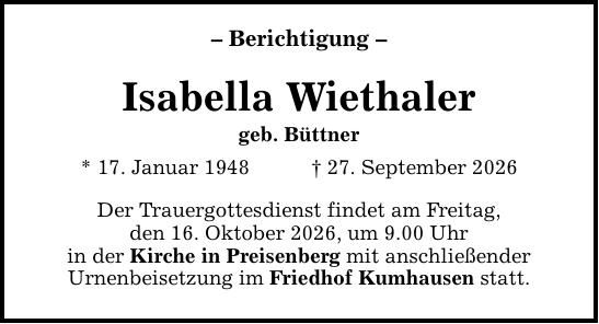 Traueranzeige Isabella Wiethaler