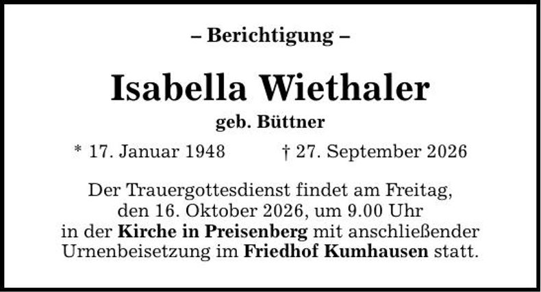 Traueranzeige Isabella Wiethaler