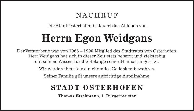 Traueranzeige Egon Weidgans