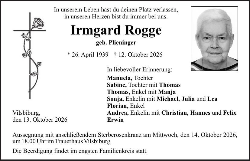 Traueranzeige Irmgard Rogge