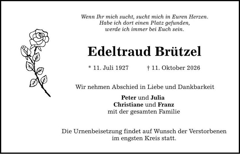 Traueranzeige Edeltraud  Brützel