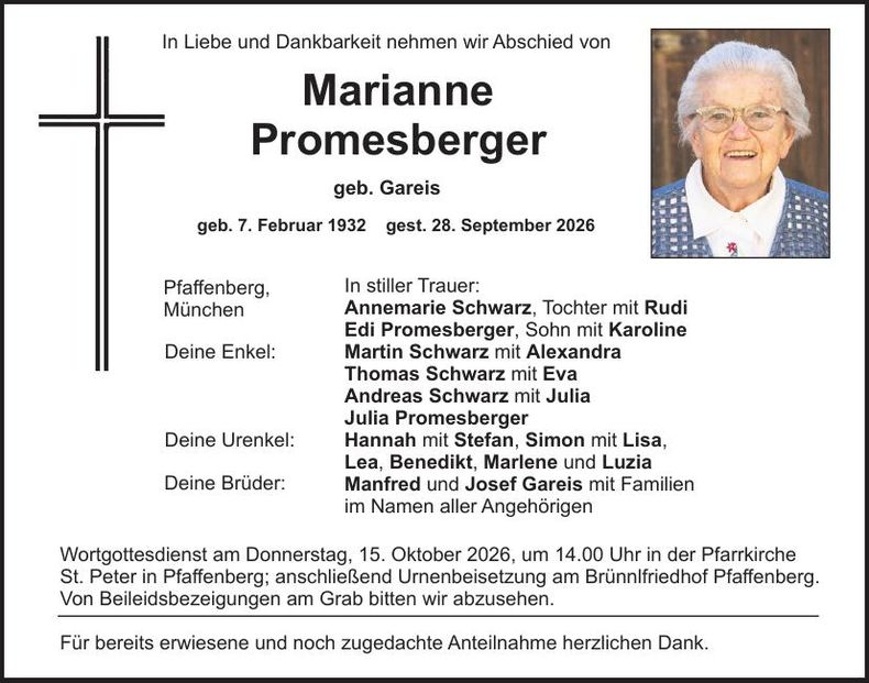 Traueranzeige Marianne Promesberger