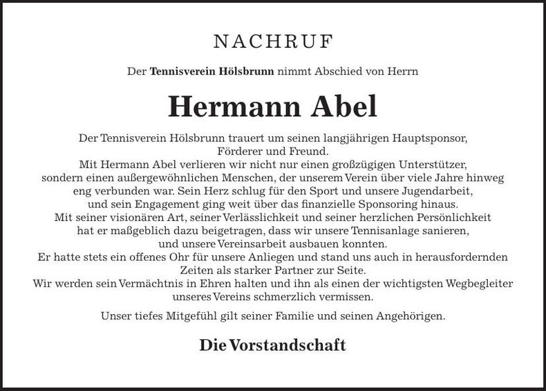Traueranzeige Hermann Abel