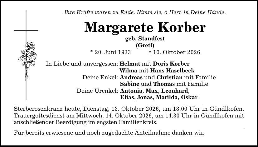 Traueranzeige Margarete Korber