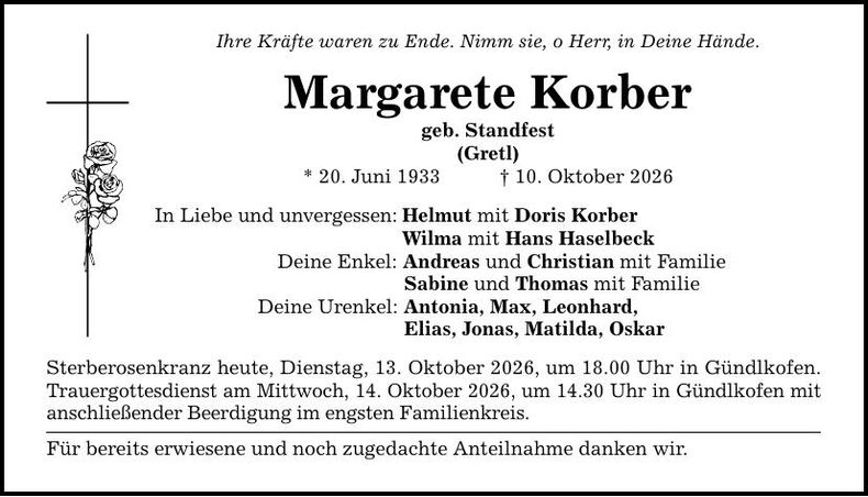 Traueranzeige Margarete Korber