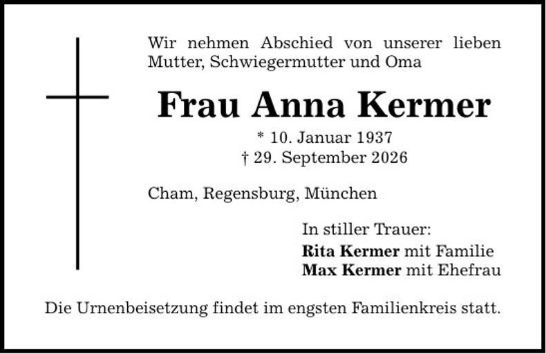 Traueranzeige Anna Kermer