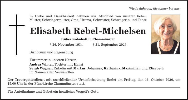 Traueranzeige Elisabeth Rebel-Michelsen