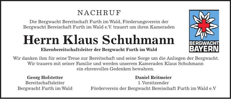 Traueranzeige Klaus Schuhmann