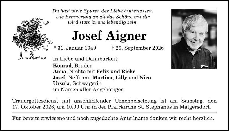 Traueranzeige  Josef   Aigner