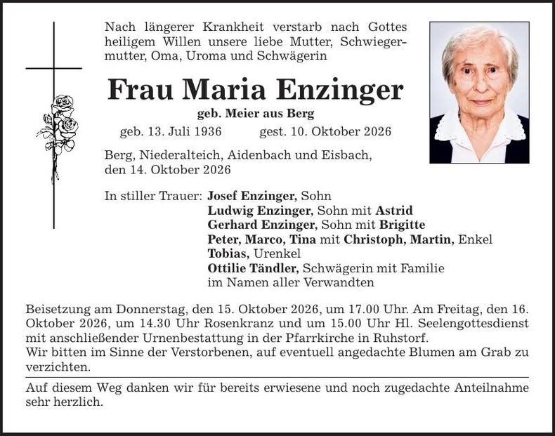 Traueranzeige Maria Enzinger