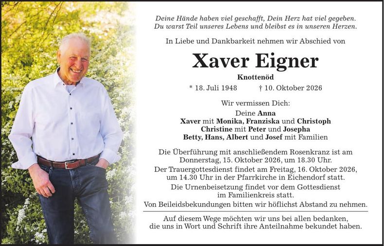 Traueranzeige Xaver  Eigner