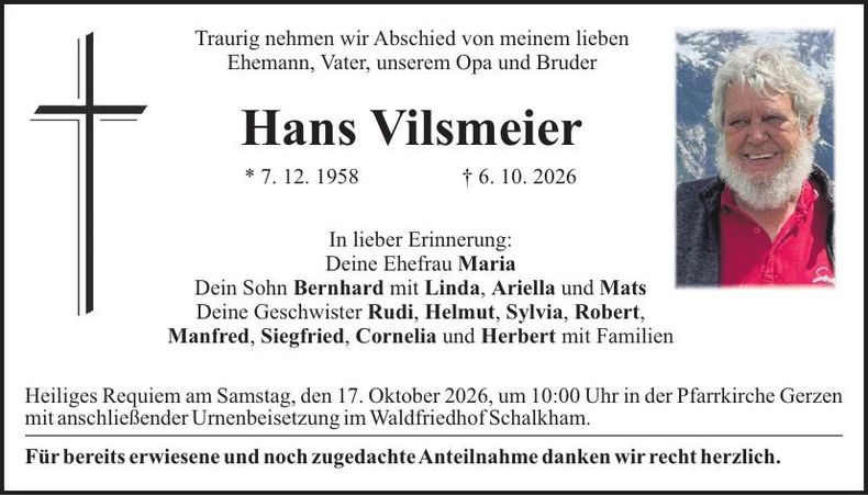 Traueranzeige Hans Vilsmeier
