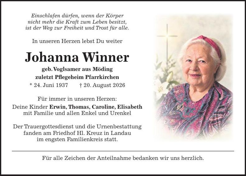 Traueranzeige Johanna Winner