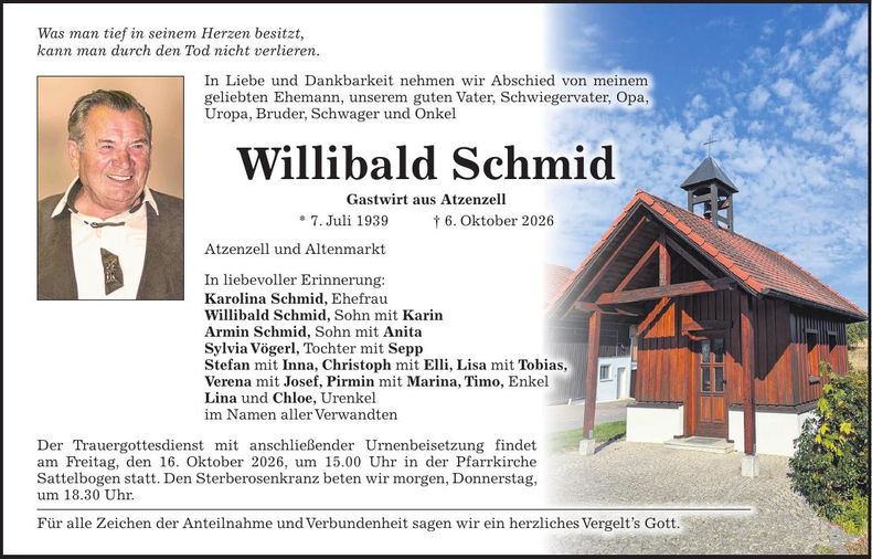 Traueranzeige Willibald Schmid