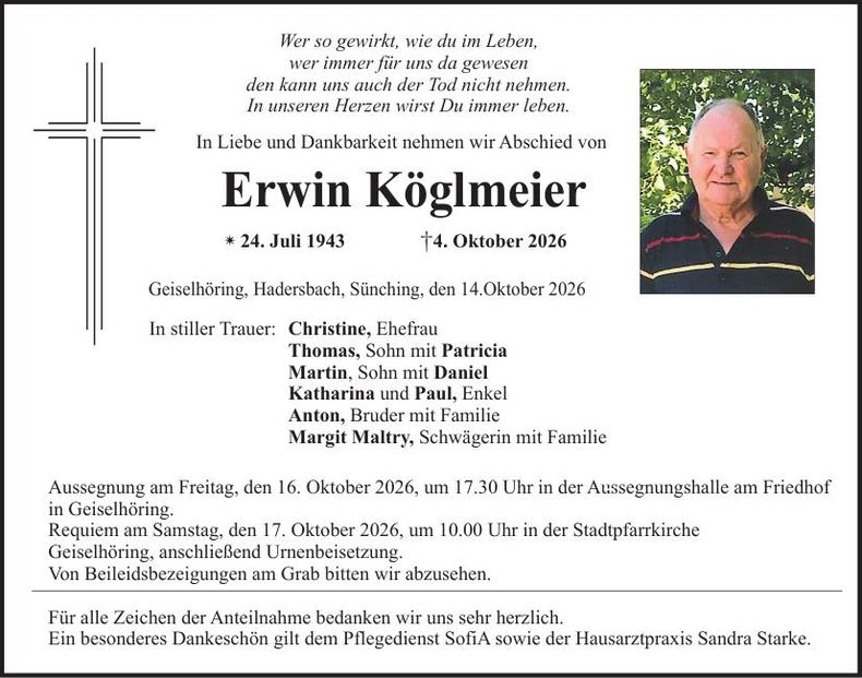 Traueranzeige Erwin Köglmeier
