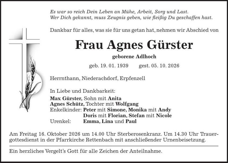 Traueranzeige Agnes Gürster