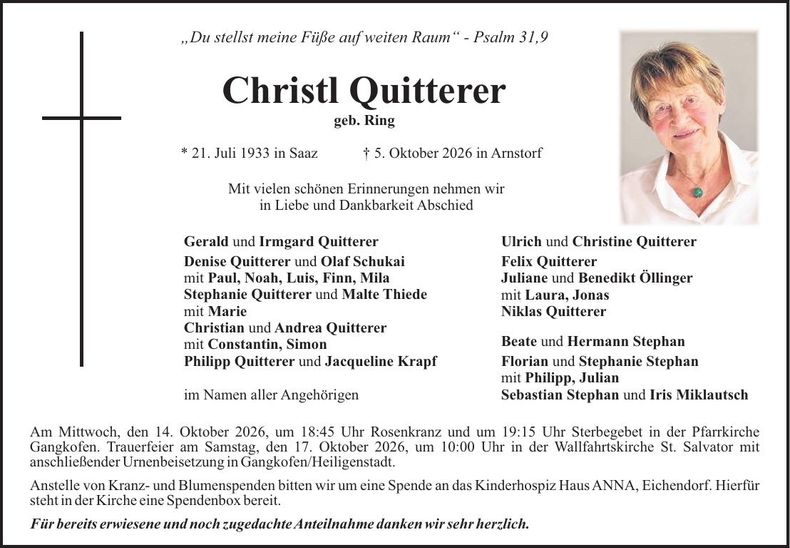 Traueranzeige Christl Quitterer