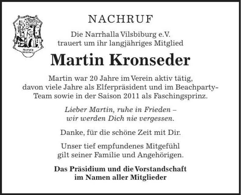 Traueranzeige Martin Kronseder