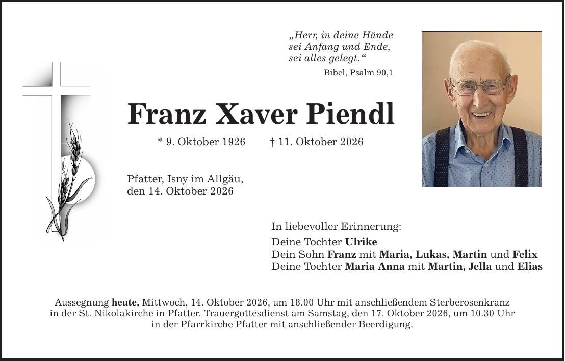 Traueranzeige Xaver Piendl