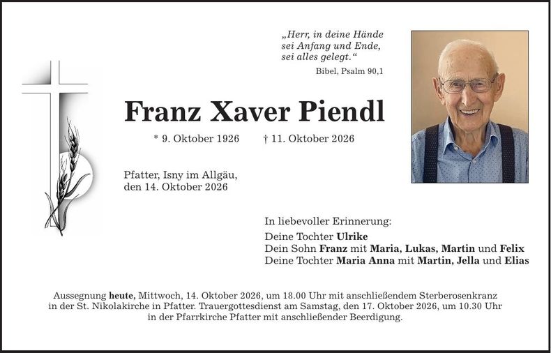 Traueranzeige Xaver Piendl