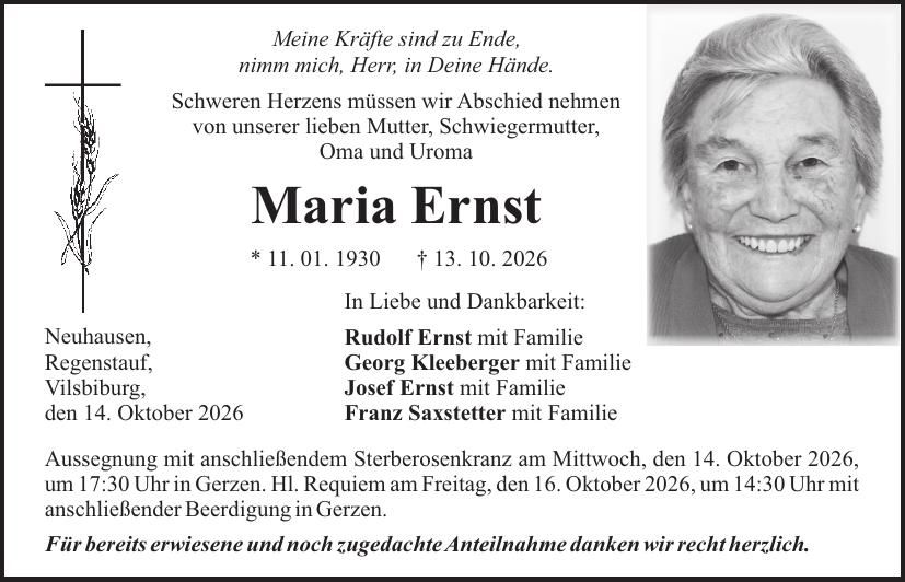 Traueranzeige Maria Ernst