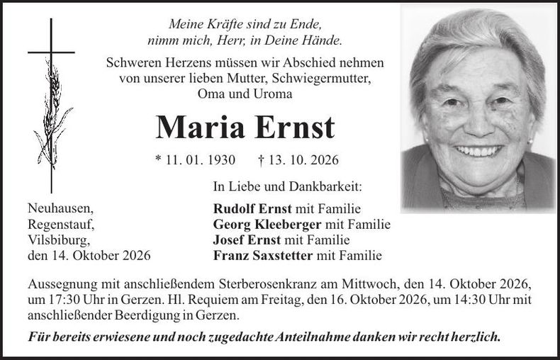 Traueranzeige Maria Ernst
